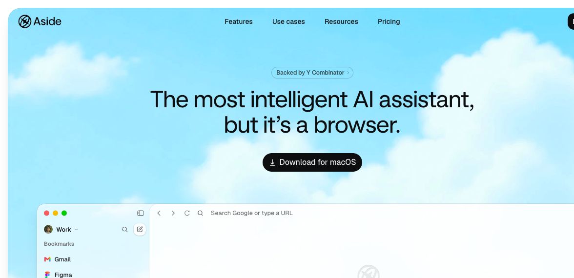 Aside Browser의 왼쪽 작업공간, 중앙 AI 입력창, 최근 작업 카드가 보이는 공개 제품 화면