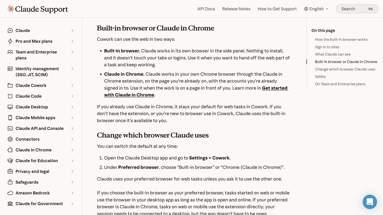 Claude Cowork의 내장 브라우저와 Claude in Chrome을 비교하는 Anthropic 공식 도움말 화면