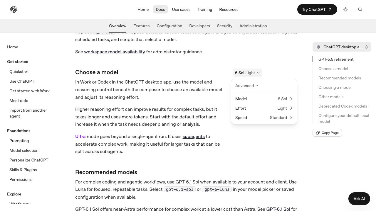 OpenAI 모델 선택 미리보기에서 Advanced 아래 Model, Effort, Speed가 각각 분리된 화면