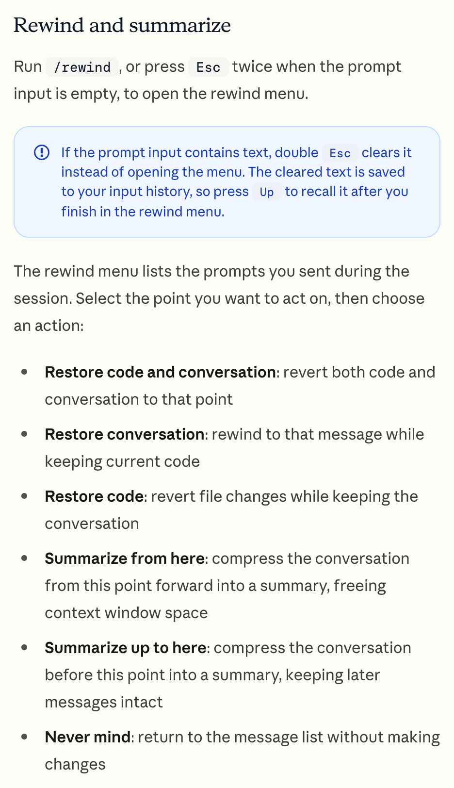 Claude Code checkpointing documentation listing separate options to restore conversation, restore code, restore both, and summarize