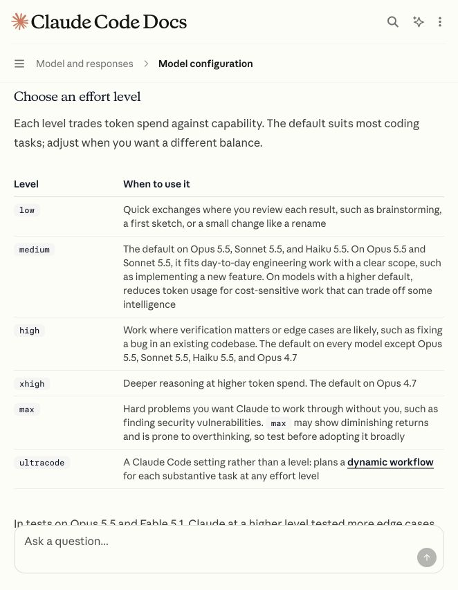 Claude Code 공식 문서의 effort 비교 표. xhigh와 max 설명 뒤에 ultracode가 별도 설정으로 표시되어 있다.
