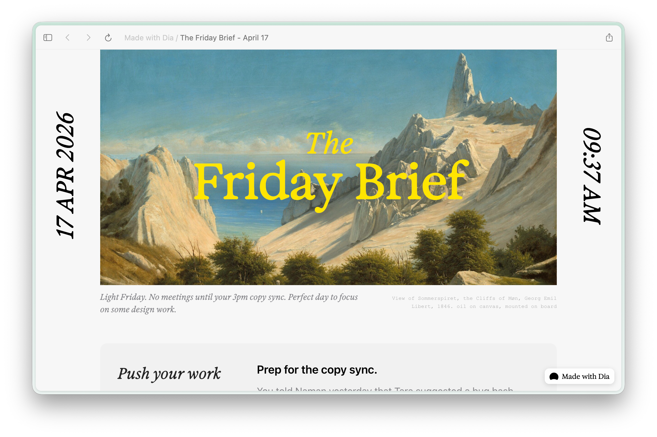 Dia Morning Brief의 날짜, 일일 브리핑 제목과 업무 준비 영역