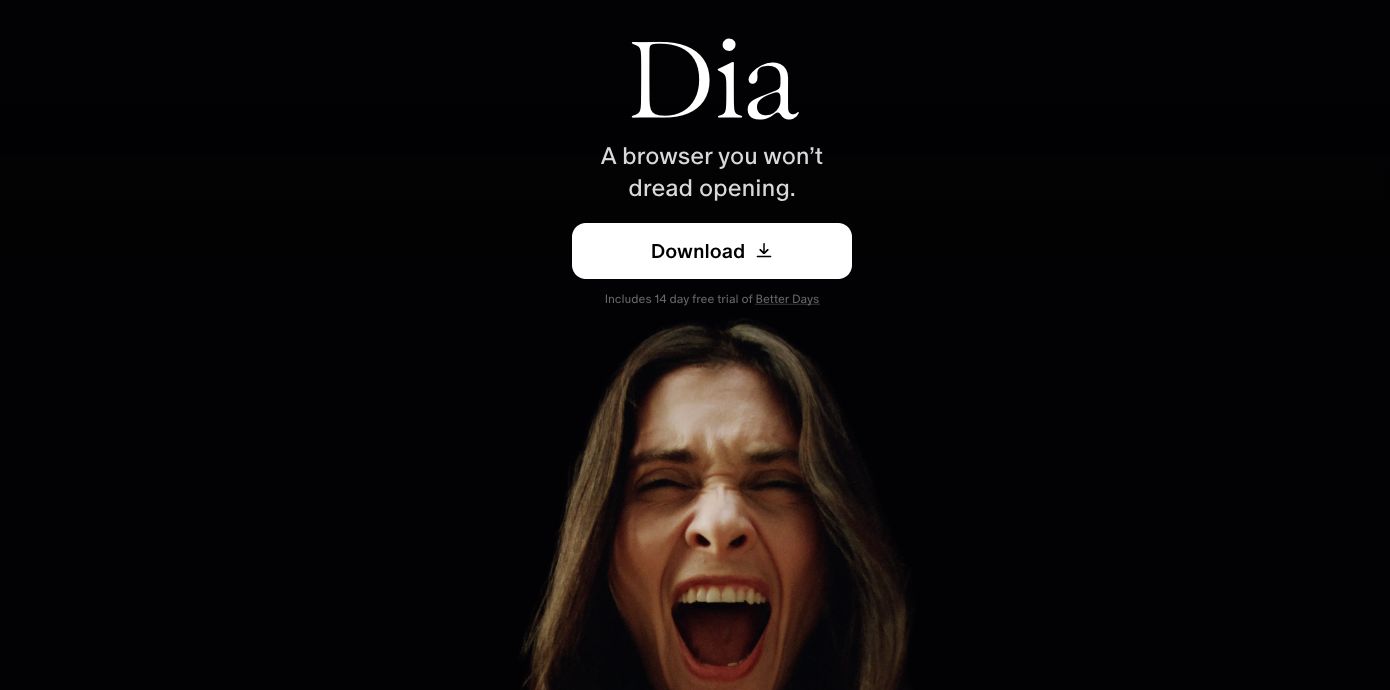 Dia 브랜드와 다운로드 버튼, 무료 체험 안내가 보이는 공식 홈페이지