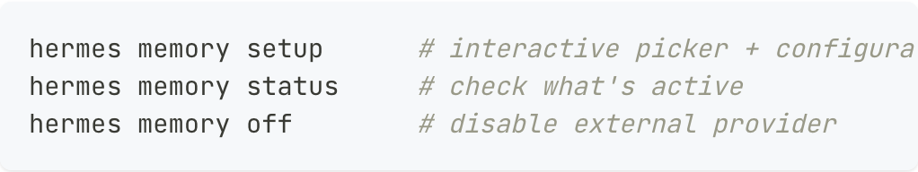 Official Hermes quick-start commands for configuring, inspecting, and disabling an external memory provider