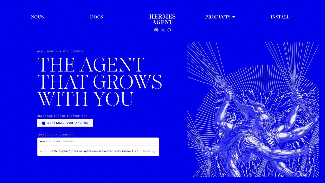 Hermes Agent 공식 홈페이지의 파란색 히어로 화면