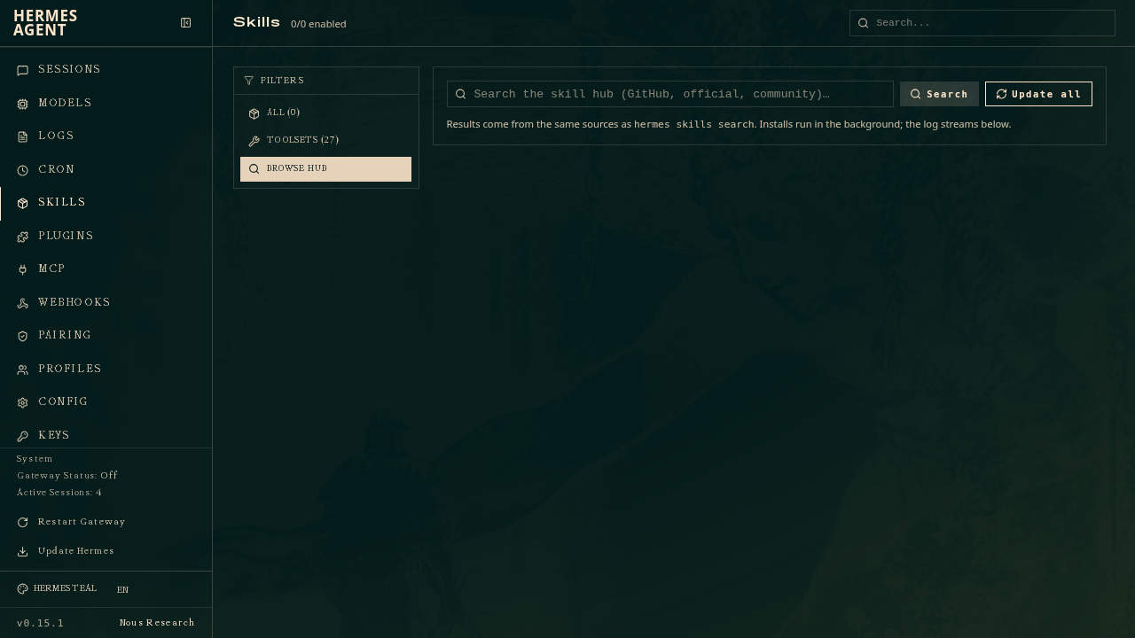 Hermes Dashboard의 Skills Hub 검색 화면