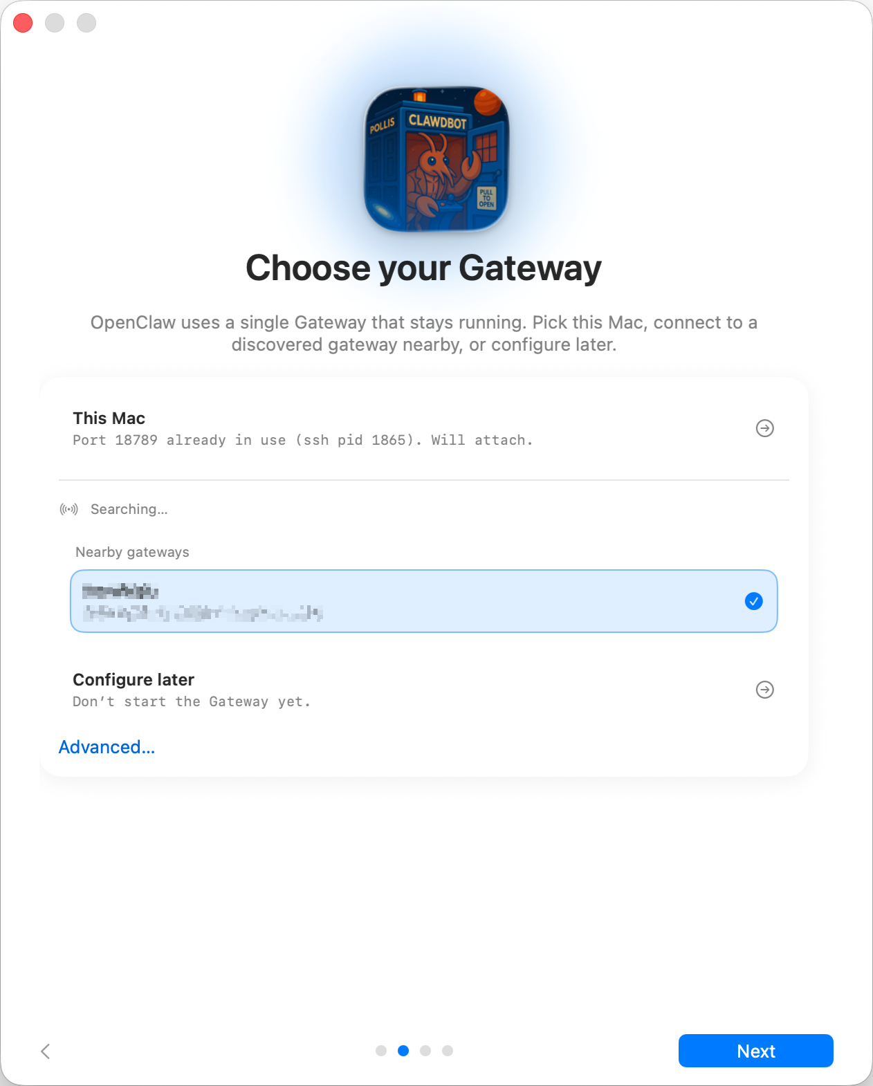 OpenClaw macOS 온보딩의 Gateway 선택 화면