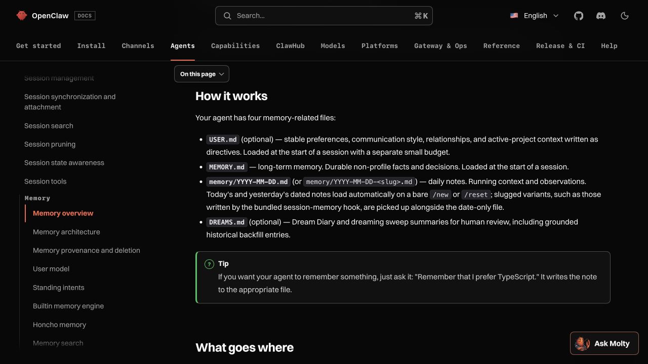 OpenClaw 메모리 파일 네 종류를 설명하는 공식 문서