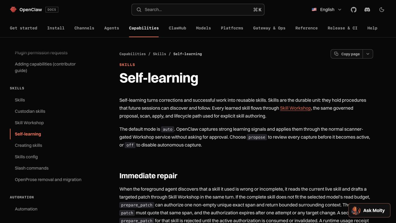 OpenClaw Self-learning 공식 문서의 기본 auto 모드 설명