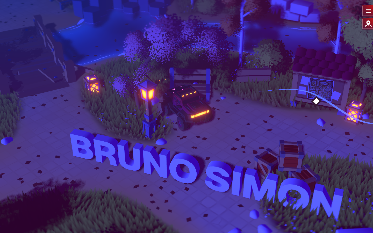 보라색 조명과 나무 사이에 자동차, 건물, BRUNO SIMON 입체 글자가 배치된 포트폴리오