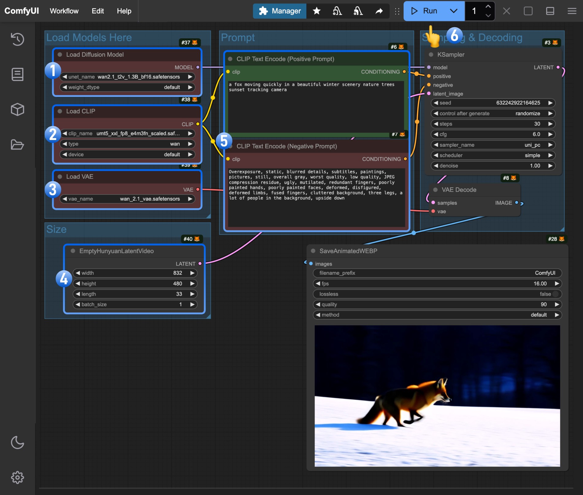 Official Wan2.1 workflow identifying diffusion model, text encoder, VAE, video dimensions, prompts, sampler, and animated output