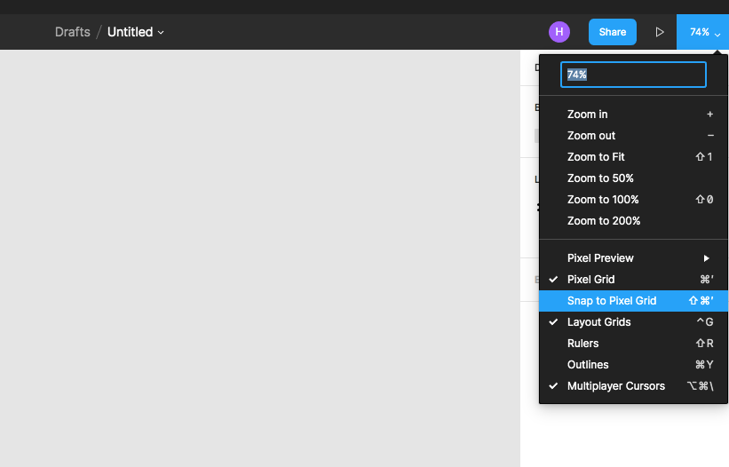 피그마의 픽셀그리드 스냅핑은 0.5px 단위입니다. Snap to Pixel Grid를 꺼 주면 스냅을 끌 수 있습니다.