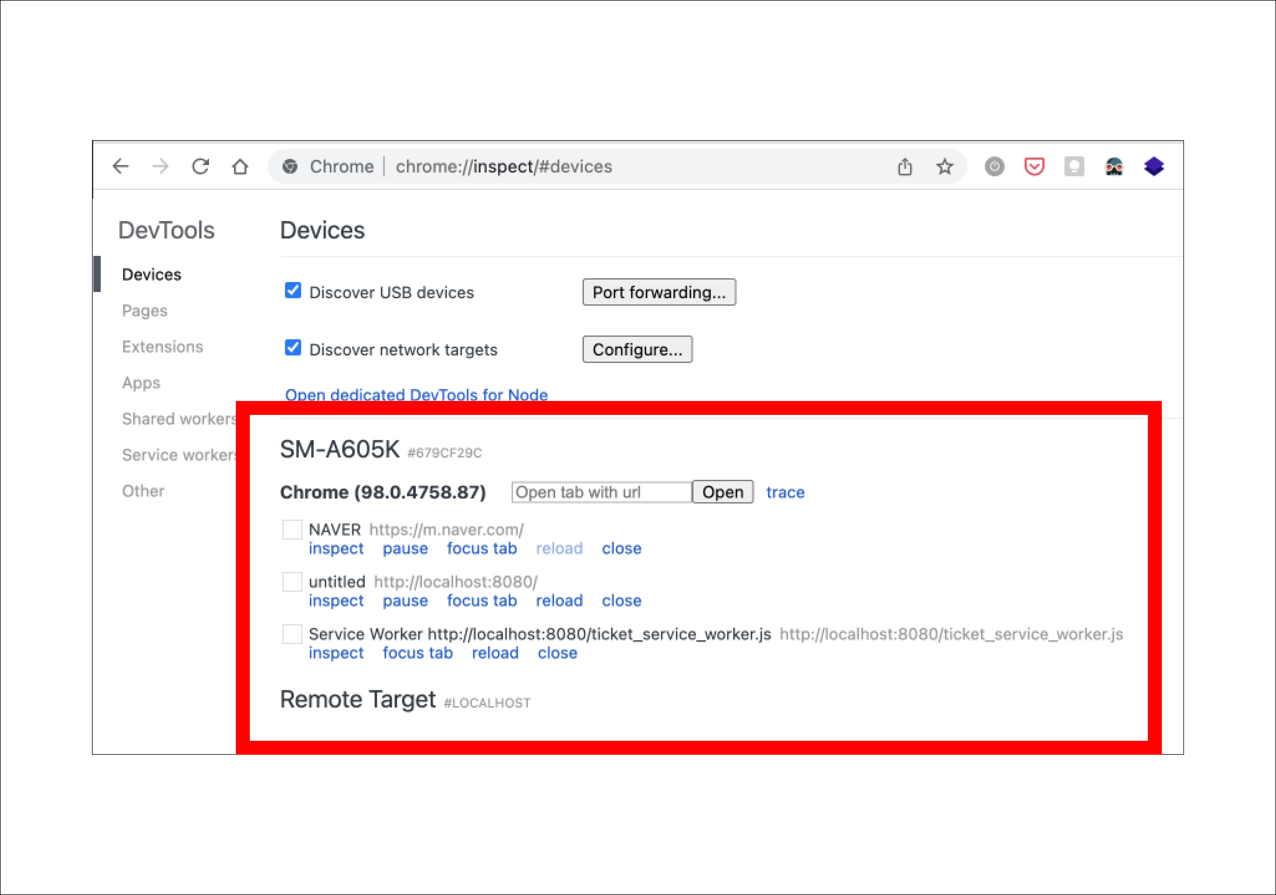 케이블로 연결된 안드로이드 기기 확인 및 개발자 모드로 확인할 URL 입력