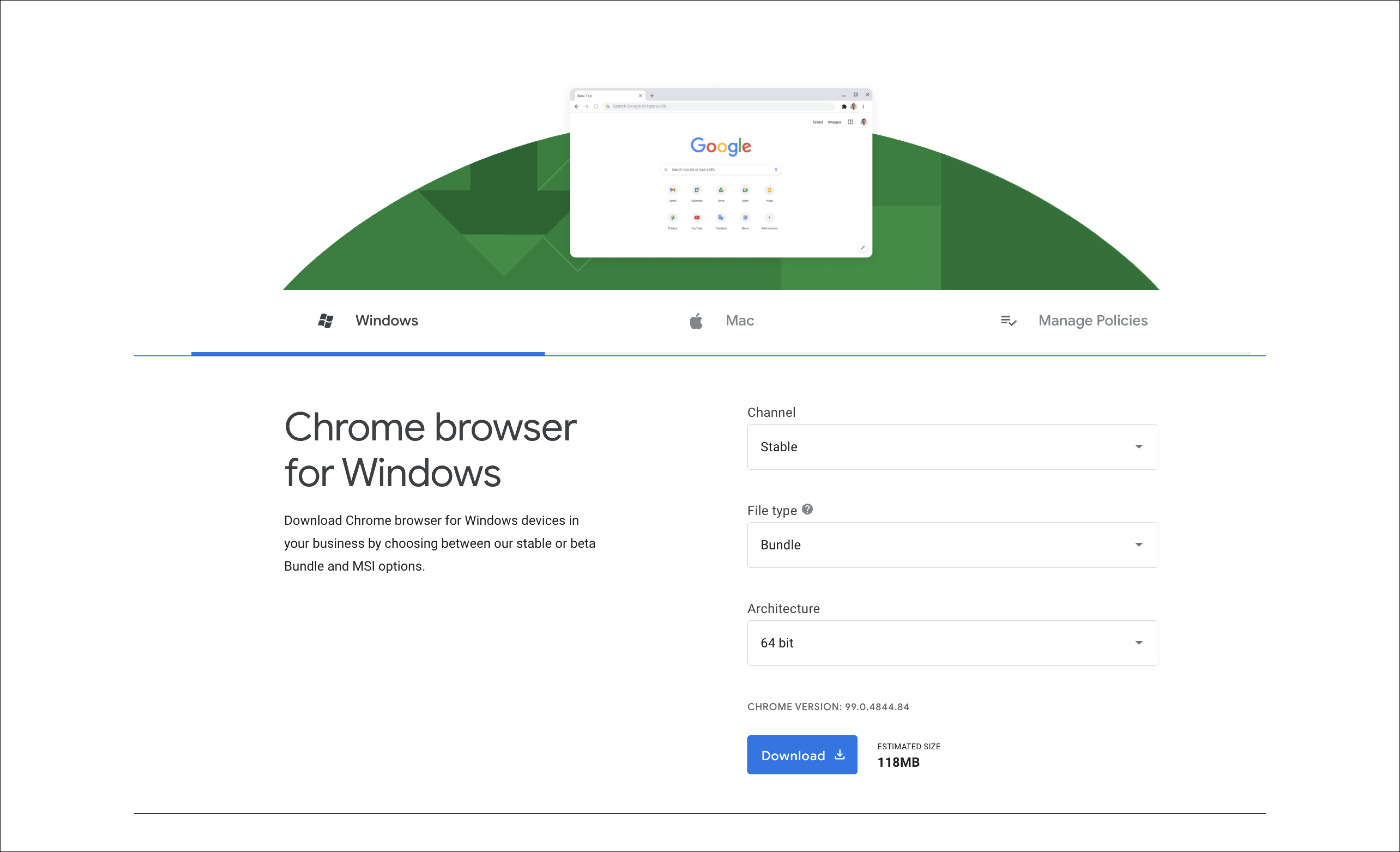 다른 방법: 기업용 크롬 사이트에 접속해 옵션에 맞는 설치파일을 받을 수 있음