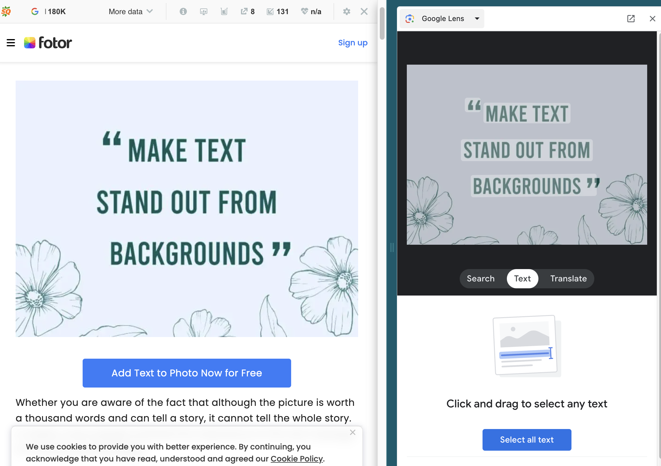 구글 렌즈를 통해서 이미지 내 텍스트를 모두 인식해 대체 텍스트로 클립보드에 복사가 가능