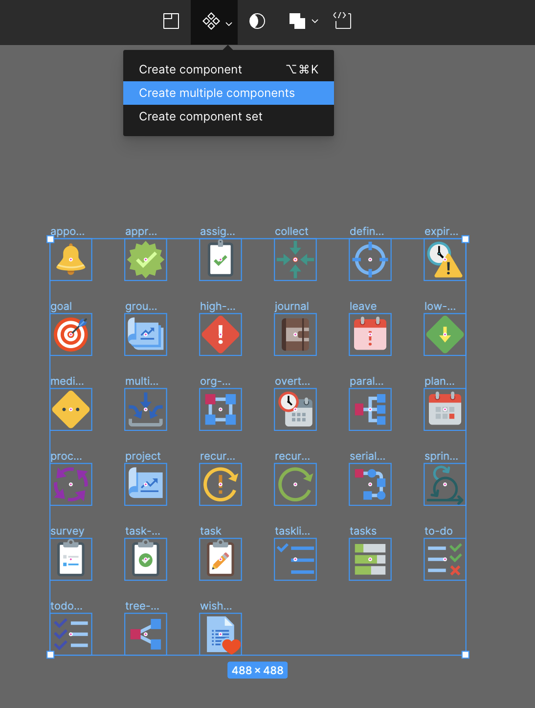 레이어 선택 시 생성되는 상단 메뉴 중 컴포넌트 메뉴를 클릭해 하위 메뉴의 'Create Multiple Components' 메뉴를 클릭