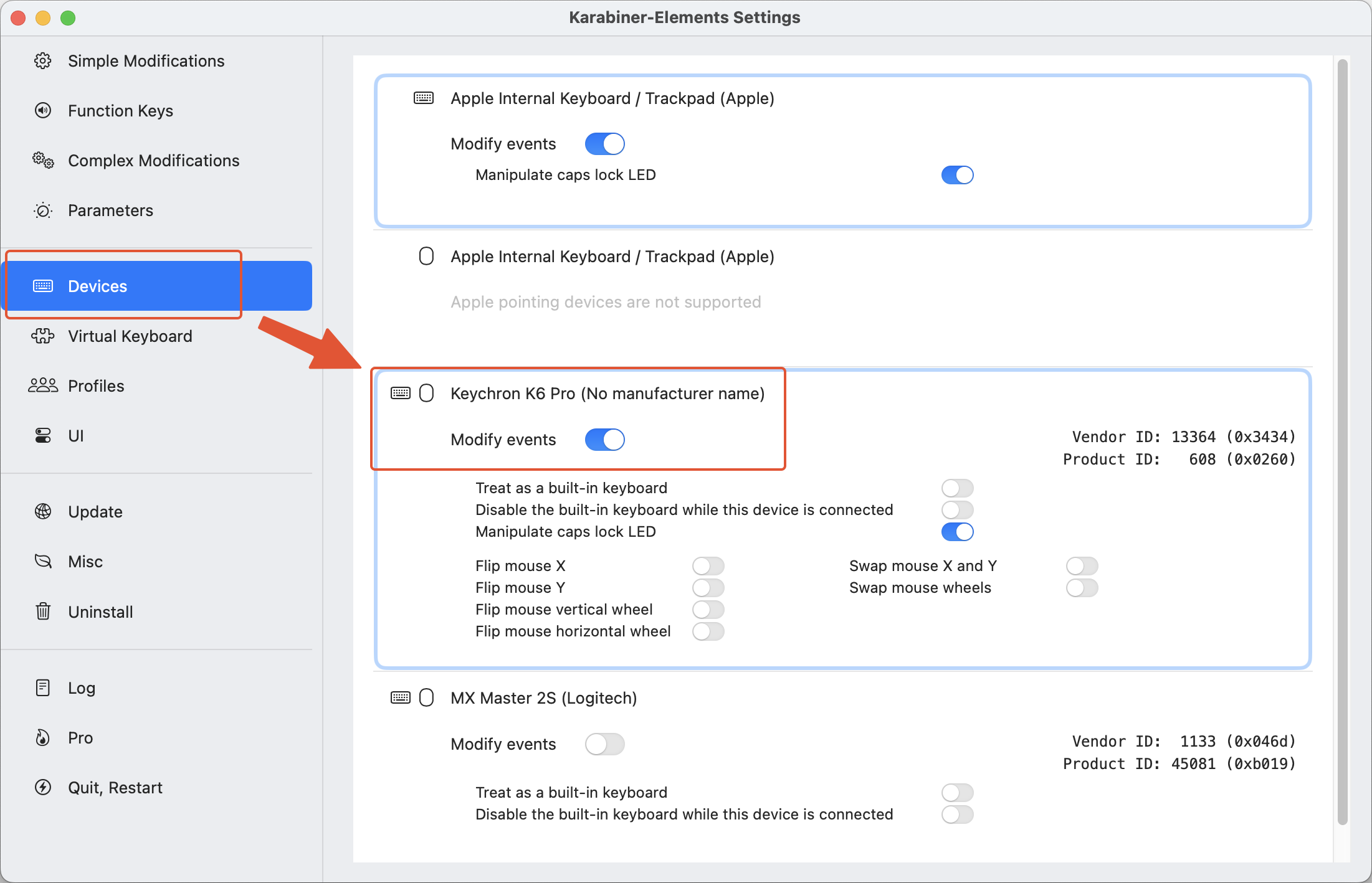 카라바이너의 디바이스 메뉴에서 비활성화된 키맵핑(Modify events)를 활성화해 주어 일반적인 미작동 문제를 해소할 수 있습니다.